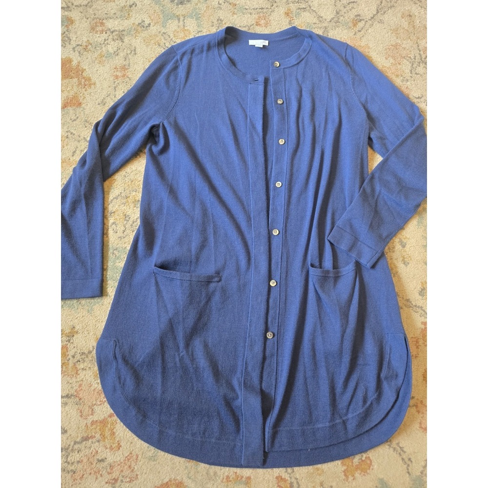 J. Jill SMALL Cardigan Navy Blue Opem Round Tunic Long Thin Sweater Wool Blend